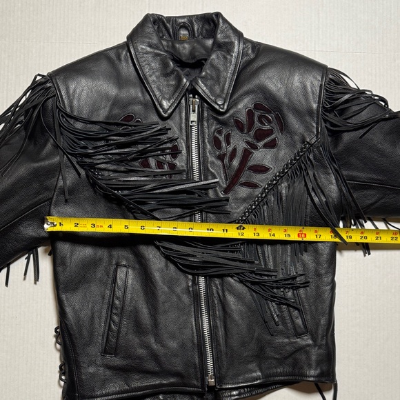 Rose Suede Inlay Black Leather Fringe Braided Moto Biker Jacket High Quality M/L - Picture 7 of 16